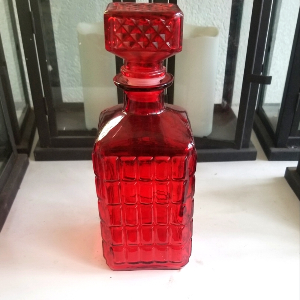 Vintage Square Ruby Red Glass Decanter